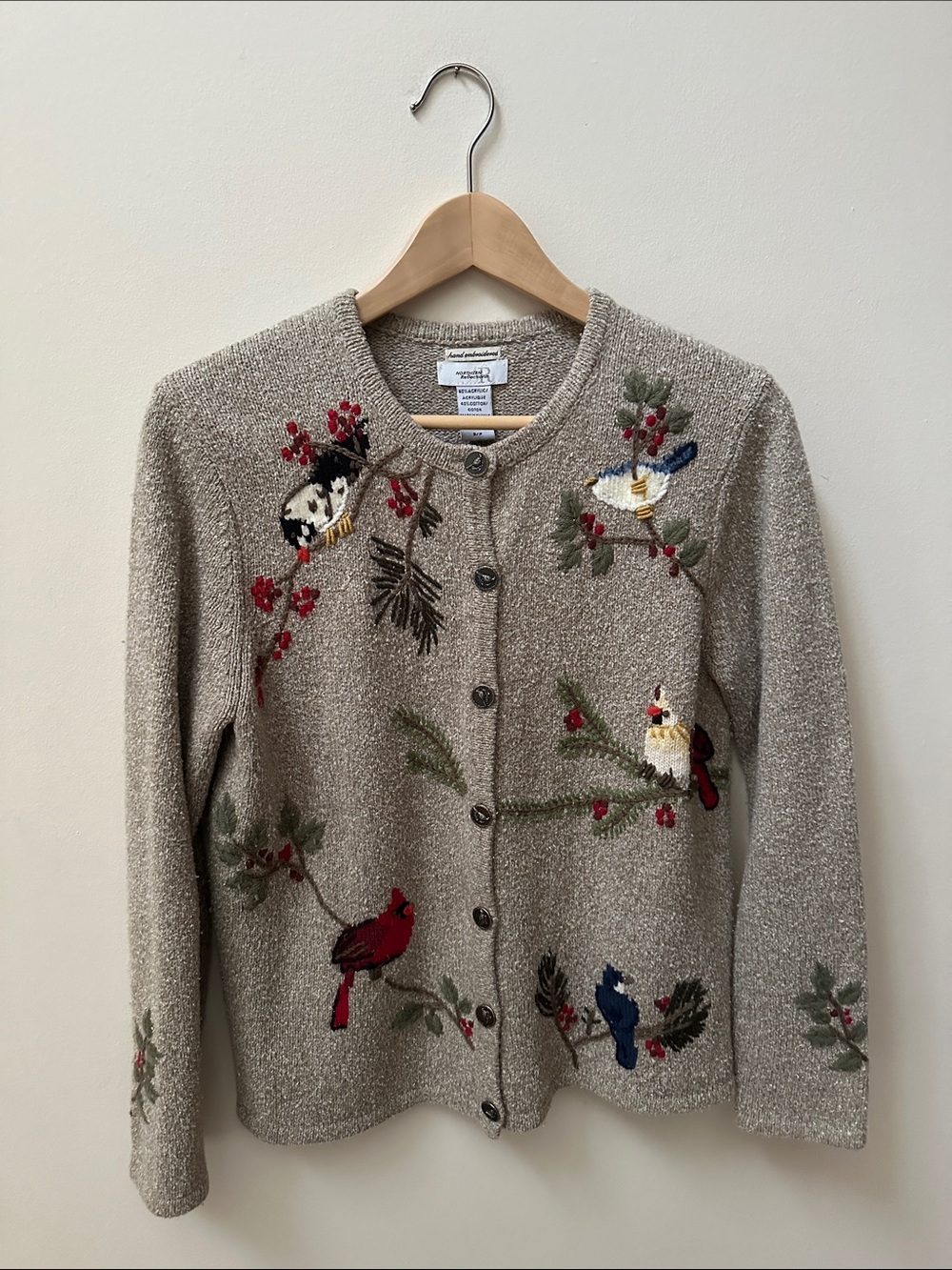 Northern Reflections Bird & Berry Embroidered Crewneck Cardigan